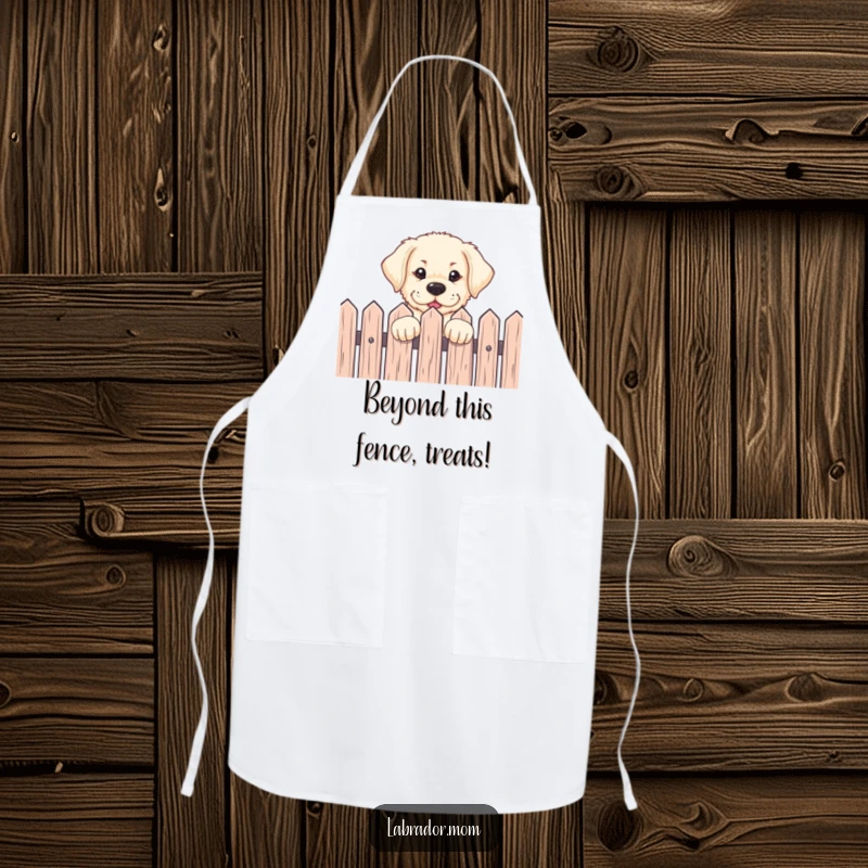 Funny Labrador pup peeking over a fence with an eager expression on a kitchen apron, ideal for cooking enthusiasts.