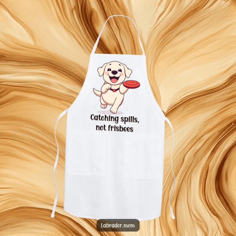 Funny Kawaii Labrador apron, a kitchen accessory with a happy dog with a grin chasing a frisbee, adding humor to cooking.