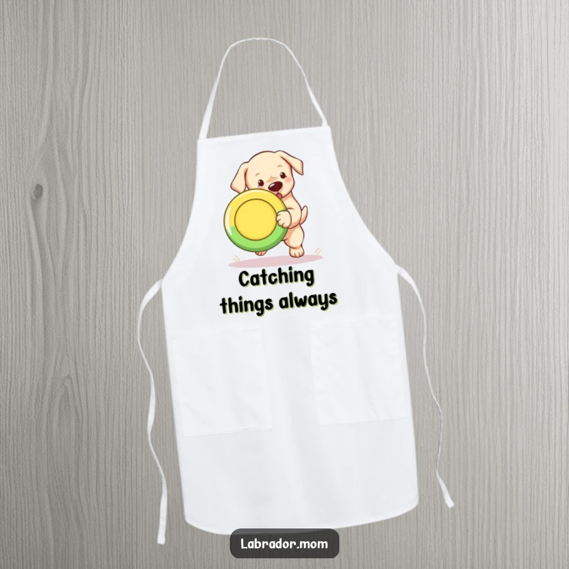 Funny Labrador puppy apron, a cute cub fetching a colorful Frisbee, great for the kitchen.