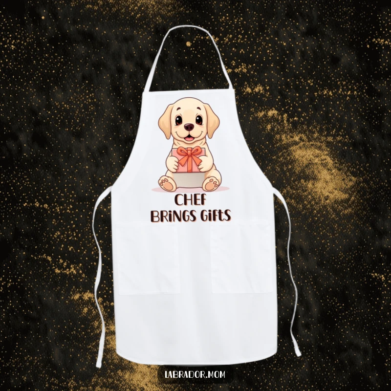 Funny Labrador apron showing a dog presenting a perfectly wrapped gift, perfect for the kitchen, a funny gift.
