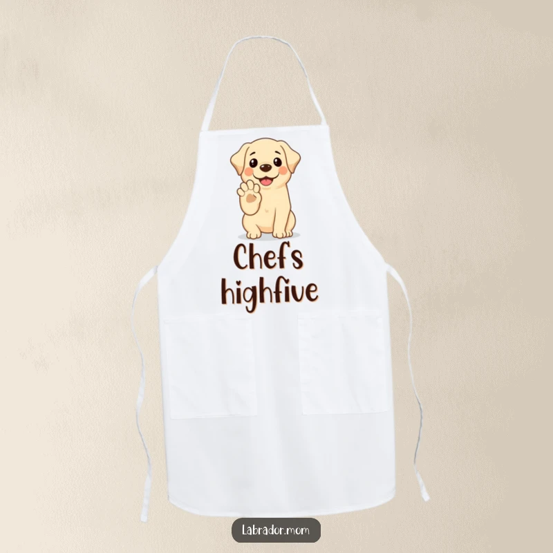 Funny Kawaii Labrador Apron showing a smiling dog offering its paw for a high-five, perfect for a cheerful kitchen.