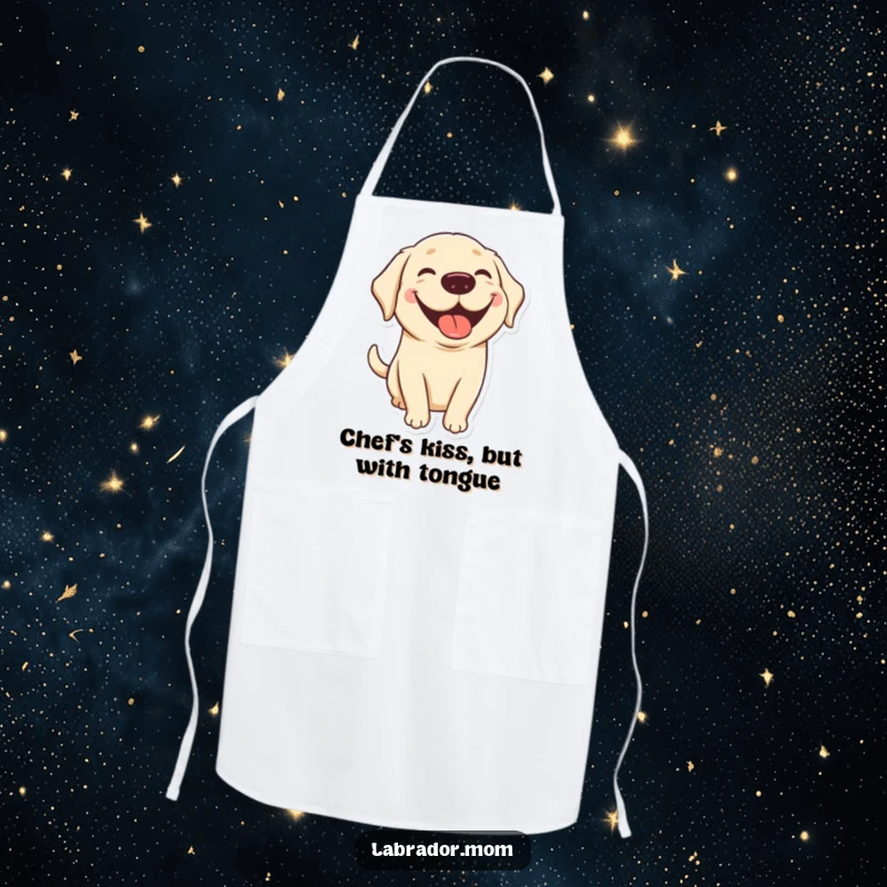 Funny kawaii Labrador apron with a cute dog sporting a big grin and tongue out, adding humorous and practical flair to kitchen activities.