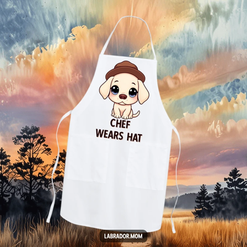 Funny Kawaii Labrador apron showing a dog with big, innocent eyes balancing a hat, perfect for humorous and charming kitchen adventures.