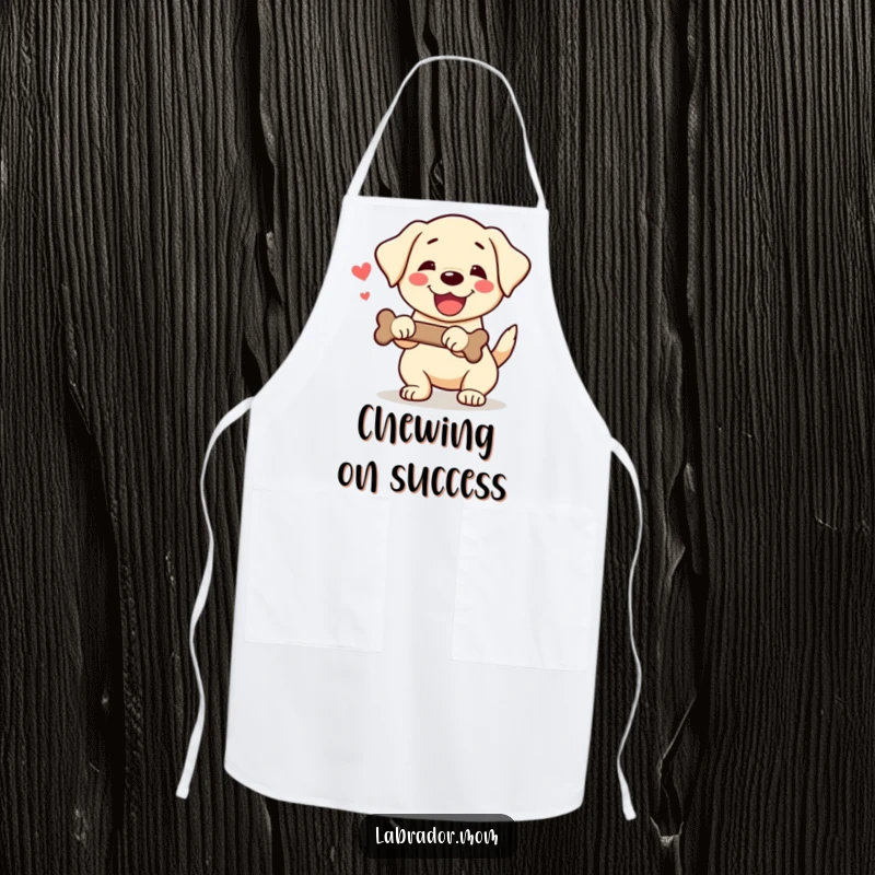 Funny Kawaii Labrador Apron showing a happy dog wagging its tail and holding a bone, perfect for a cheerful kitchen.