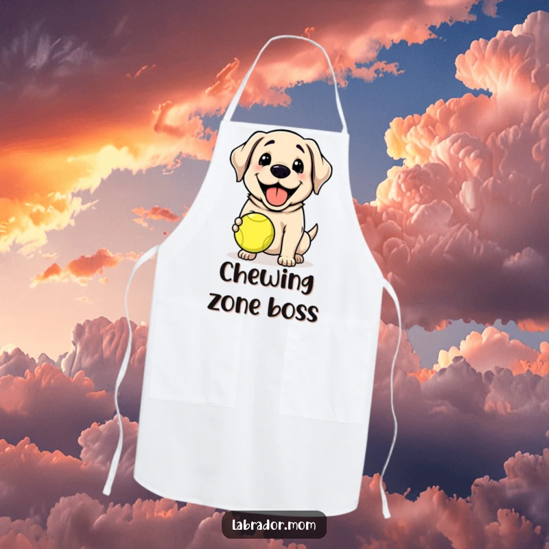 Funny Kawaii Labrador dog grinning, holding a tennis ball, cute apron, kitchen fun, dog lover gift, funny gift.