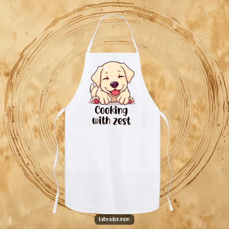 Funny kawaii Labrador puppy tumbling head over paws in sheer glee, a durable and humorous apron for confident and joyful cooks.