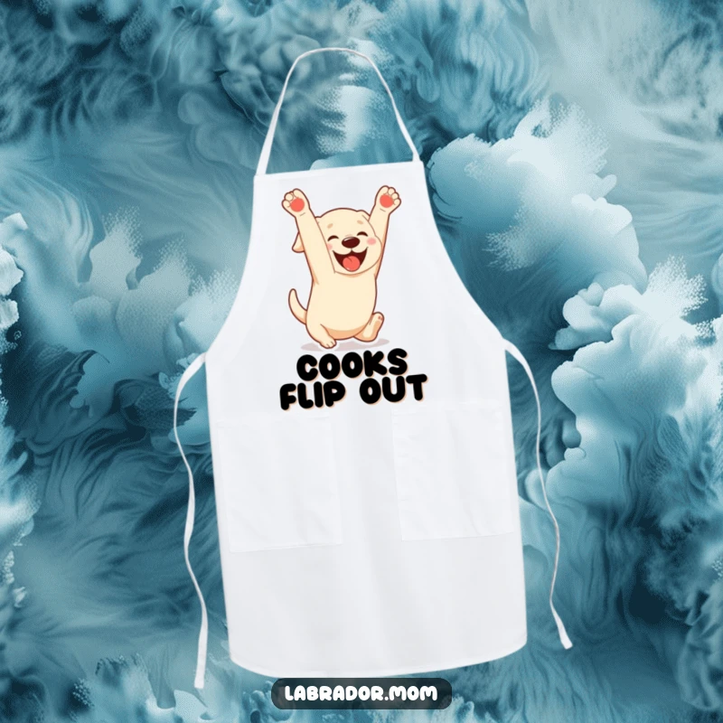 Funny Kawaii Labrador apron showing a dog doing a playful somersault with a gleeful expression, perfect for humorous kitchen adventures.