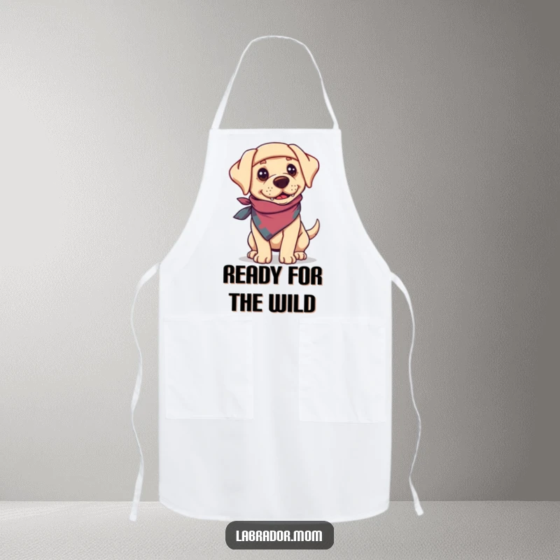 Funny Labrador dog wearing a bandanna, looking adventurous and ready to cook on a kitchen apron.