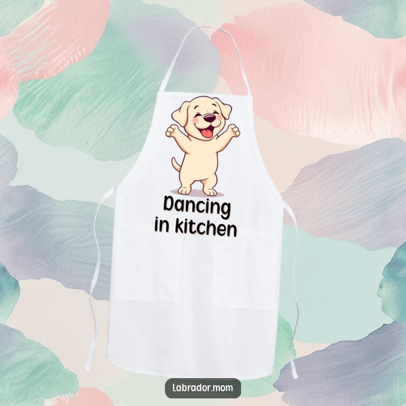 Funny cute Labrador dog apron, showing a dog performing a silly dance, perfect for adding humor to cooking.