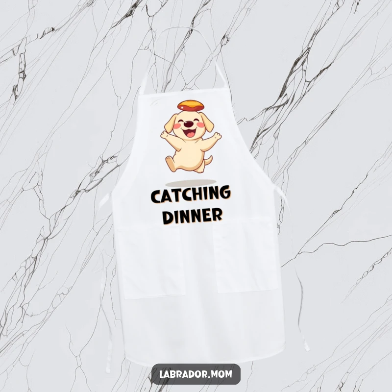 Funny Apron illustrating a grinning Labrador character leaping to catch a frisbee mid-air, perfect for a playful cook.