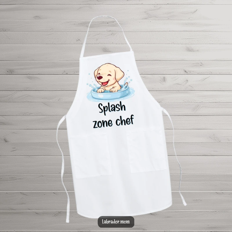 Funny giggling Labrador cub splashing in a bubbly pool on a kitchen apron, perfect for splashy chefs.