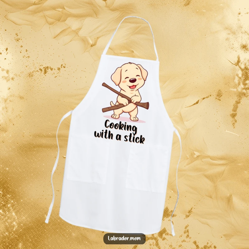Funny Kawaii Labrador Apron, a cute yellow lab's humorous attempt to carry a massive stick while cooking, adding cheer to the kitchen