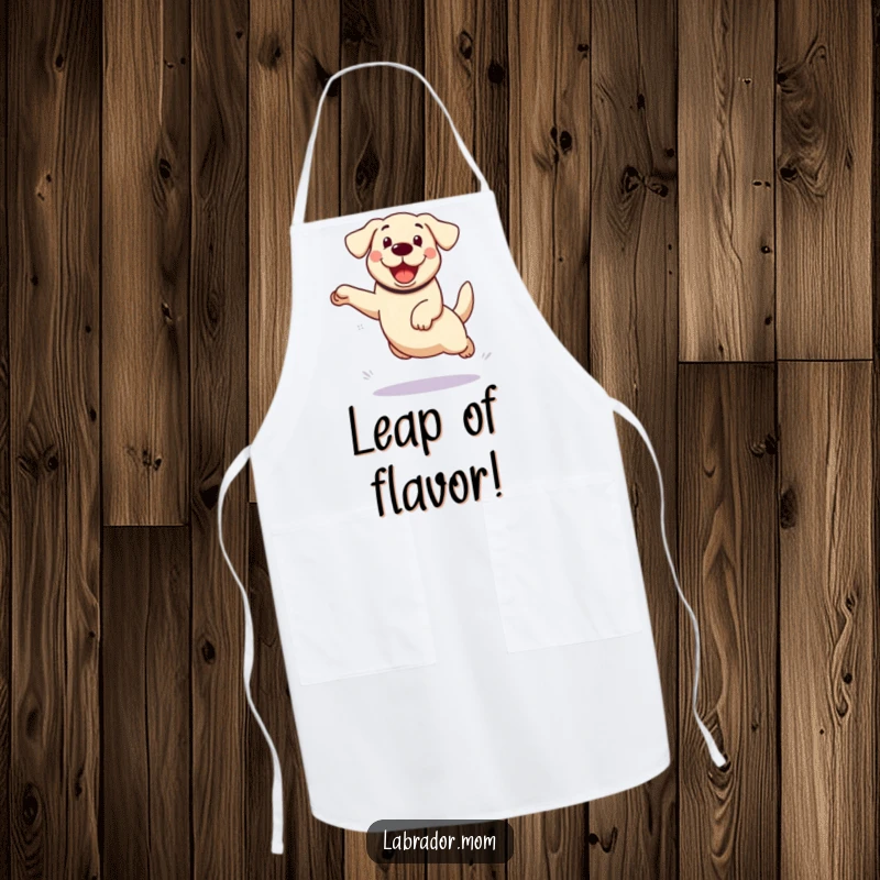 Funny kawaii Labrador dog apron, showcasing an enthusiastic leap, perfect for adding humor to kitchen activities.