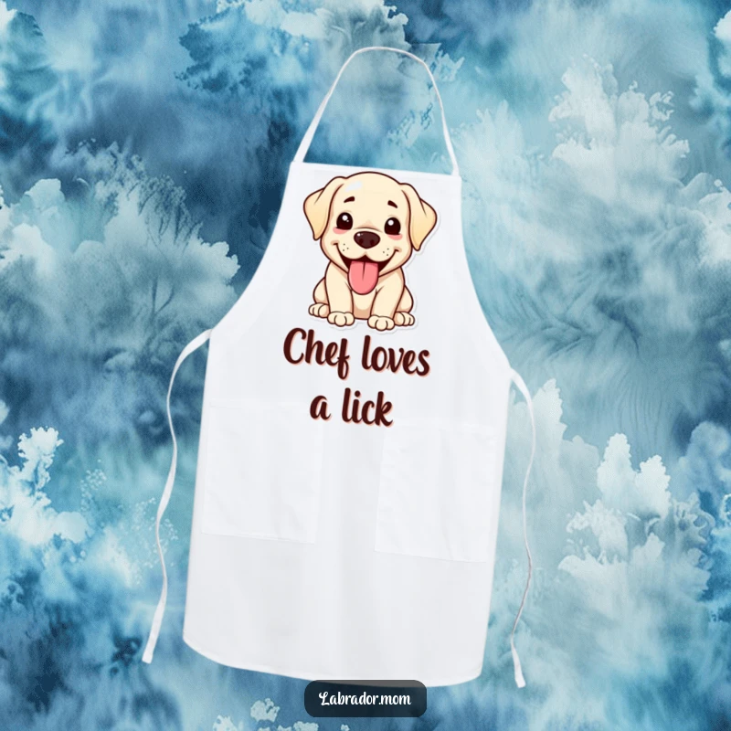 Funny kawaii Labrador apron showing a happy, panting dog with its tongue out, ready for hilarious kitchen adventures.