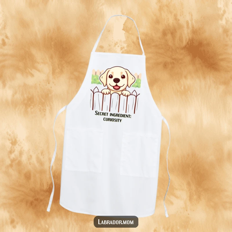 Funny kawaii Labrador apron with a dog peeking over a fence playfully, great for kitchen fun.