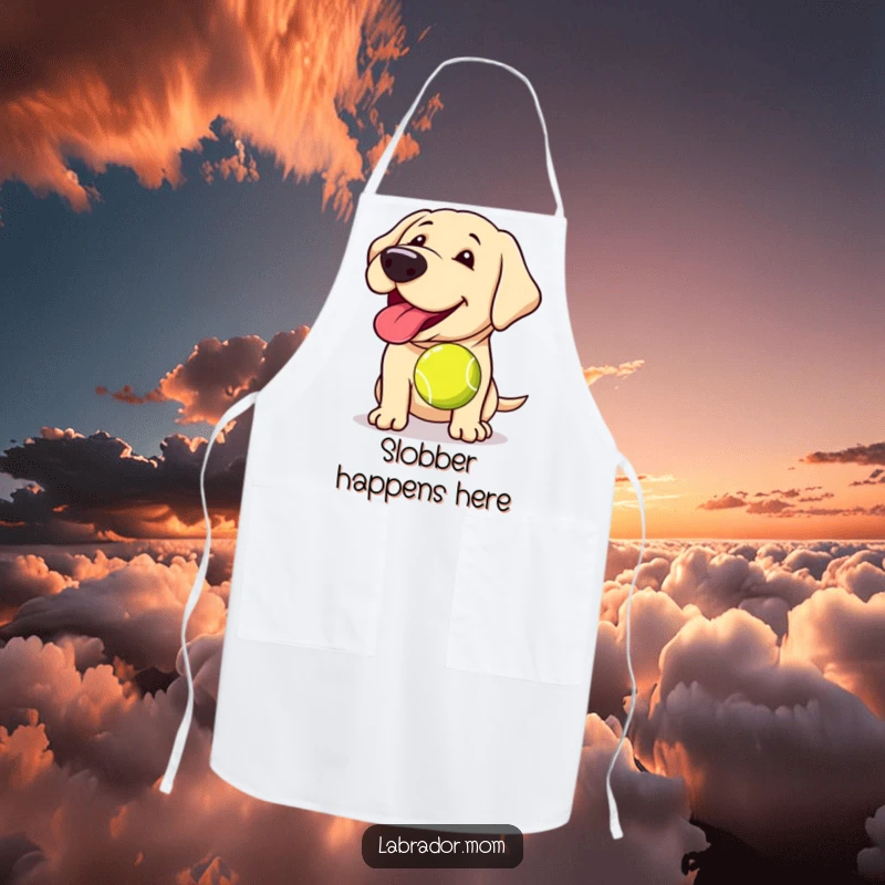 Funny Kawaii Labrador apron, a kitchen accessory with a happy panting dog holding a slobbery tennis ball, adding humor.