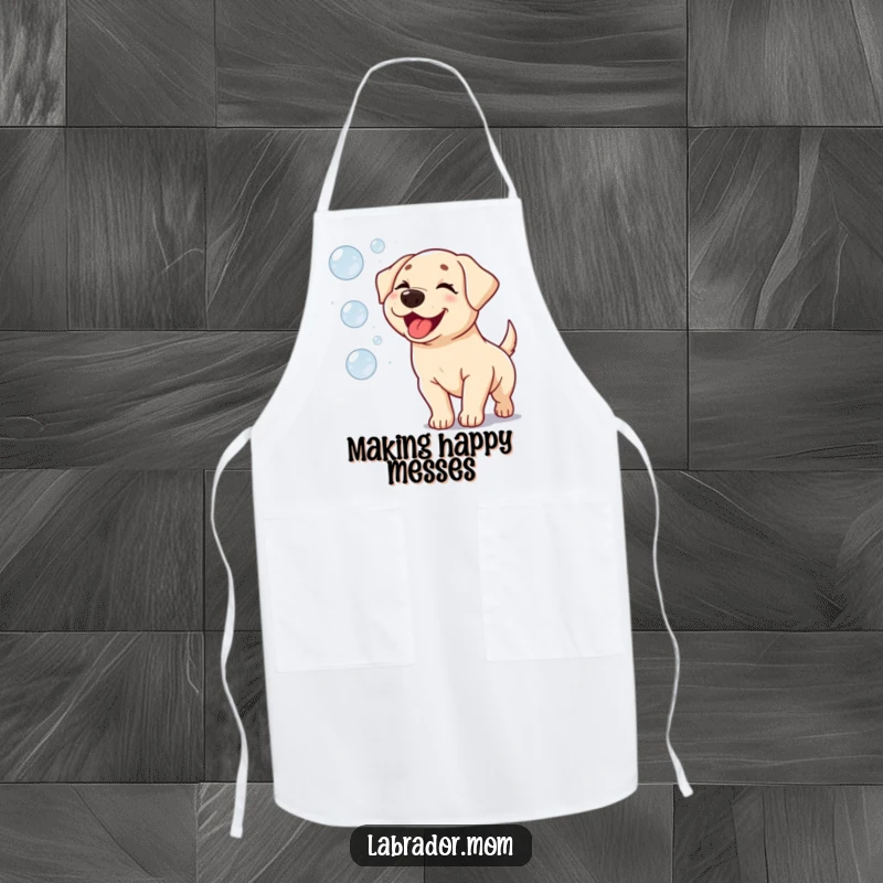 Funny Kawaii Labrador Apron: A cheerful, winking dog happily chasing bubbles, ready for kitchen fun.