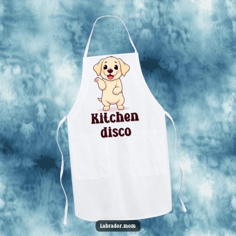 Funny kawaii Labrador with floppy ears performing a happy dance, a practical and humorous apron for cheerful chefs.