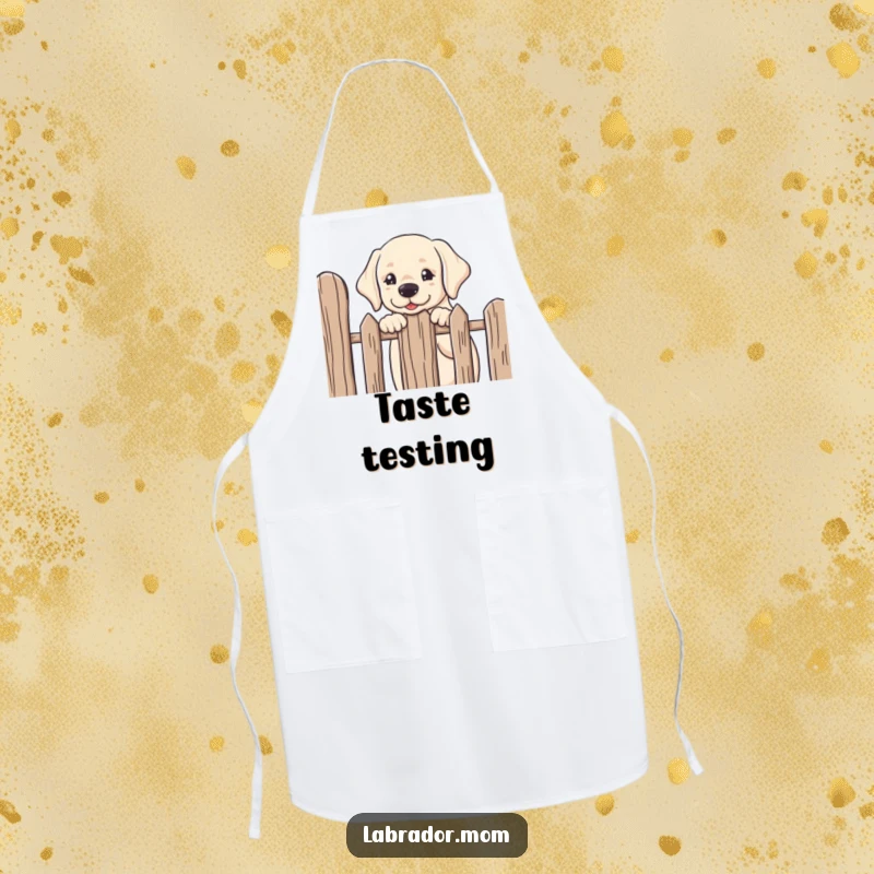 Funny kawaii Labrador peeking over a fence with a curious and friendly expression, a practical and humorous apron.