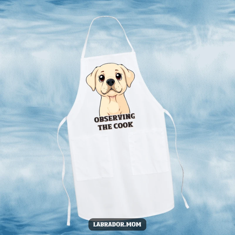 Funny Labrador apron showing a dog with wide, curious eyes looking up, perfect for kitchen fun, a funny gift.