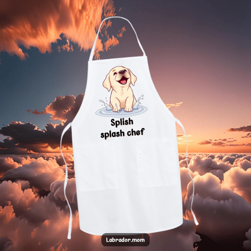 Funny apron illustrating a labrador dog energetically splashing water in a puddle, embodying carefree fun and joy.