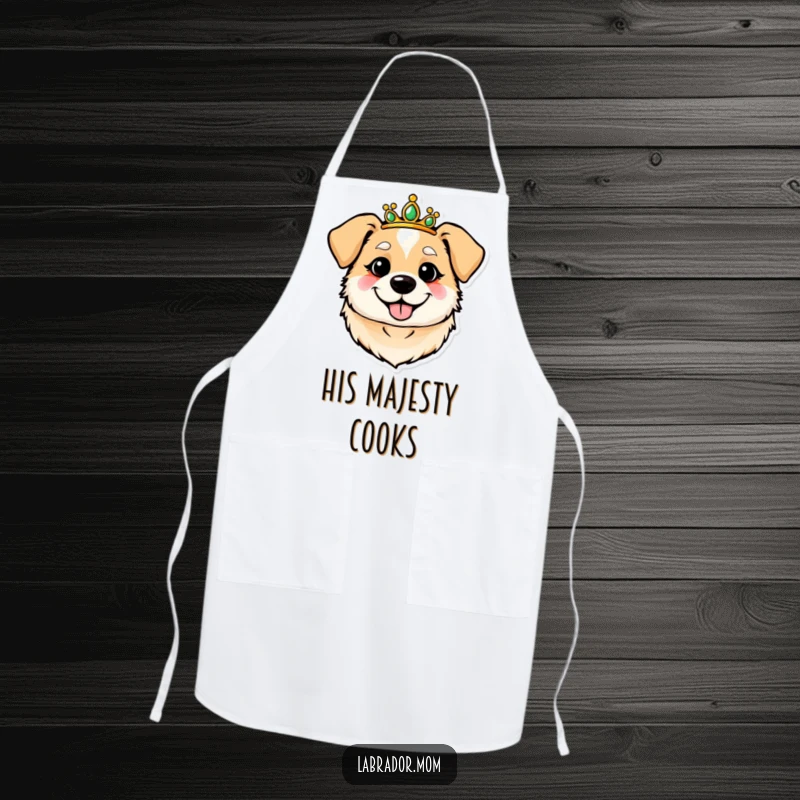 Funny, round, cheerful dog head wearing a tiara on a functional and stylish apron. Perfect for the regal chef.