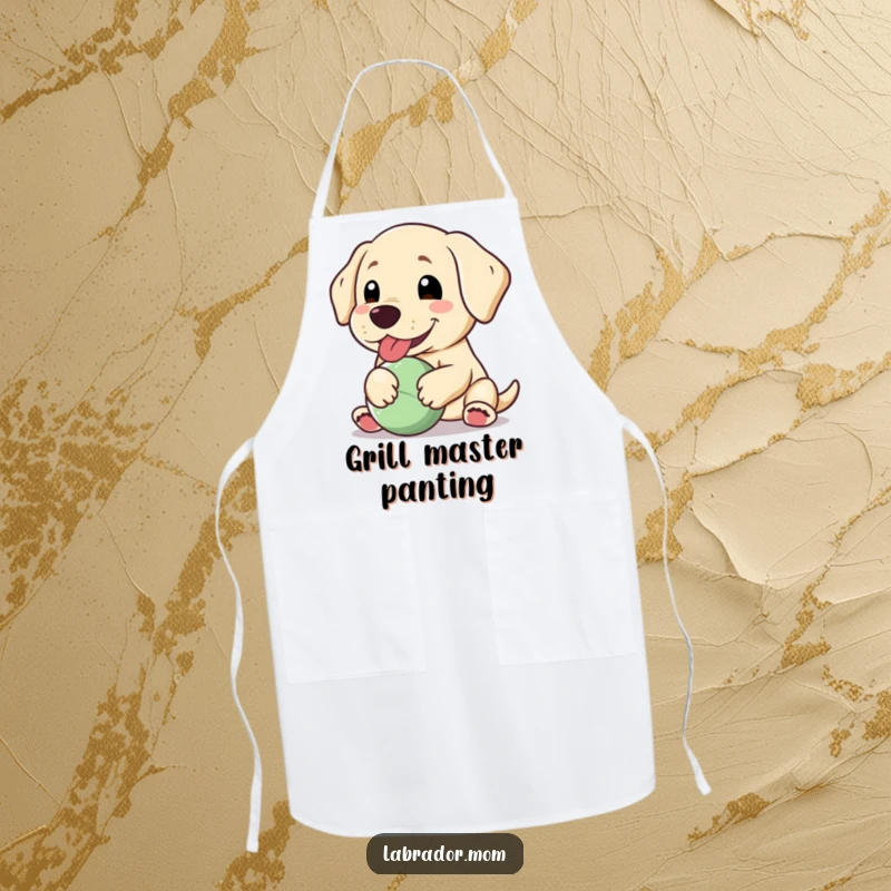 Funny Kawaii Labrador apron, a happy dog panting with a floppy ear, holding a ball, perfect for kitchen protection and cheer.