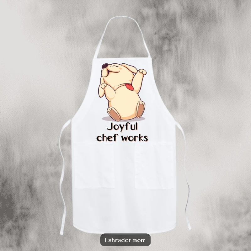 Funny Labrador apron showing a dog rolling on its back with pure joy, perfect for kitchen fun, a funny gift.