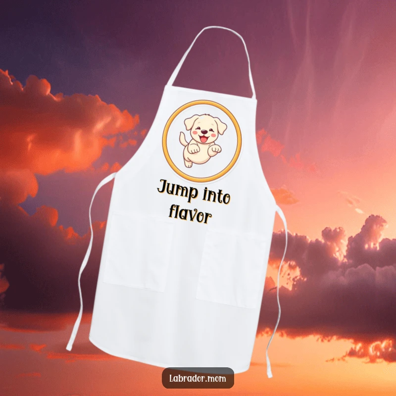 Funny Kawaii Labrador apron with a happy dog leaping through a hoop, ideal for kitchen activities.