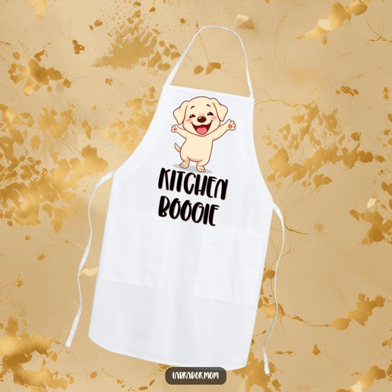 Funny Kawaii Labrador Apron, cute dog doing a silly dance with a goofy smile, perfect for kitchen use, a humorous gift.