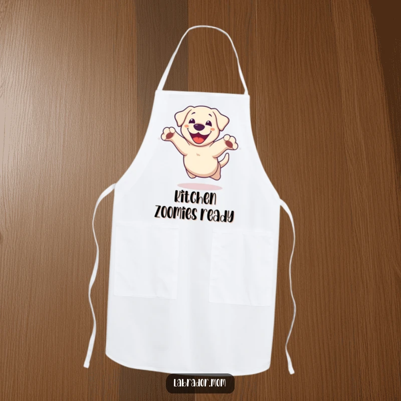 Funny Kawaii Labrador Apron, a happy dog mid-leap with paws outstretched, adding a playful touch to kitchen activities.