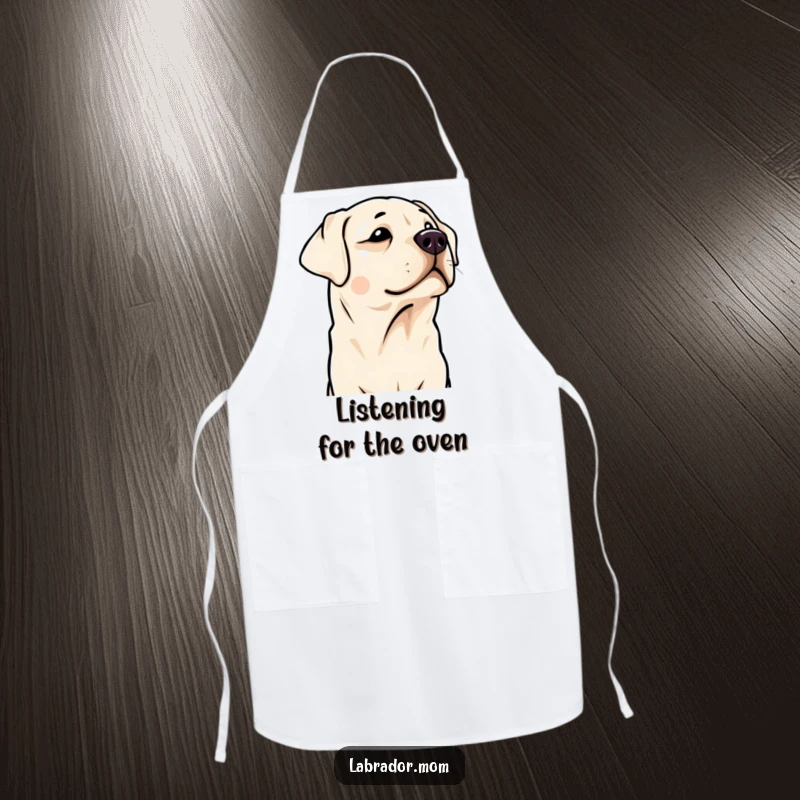 Funny Kawaii Labrador apron, showcasing a cute dog with head tilted. Humorous kitchen accessory.