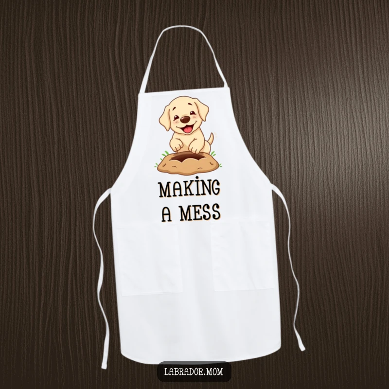 Funny Apron: A kawaii labrador dog joyfully digging a comically large hole, bringing kitchen fun and humor for dog parents.