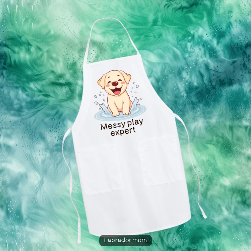 Funny Kawaii Labrador apron, worn by a chef, showing a dog joyfully splashing in a puddle, adding a humorous touch to cooking.
