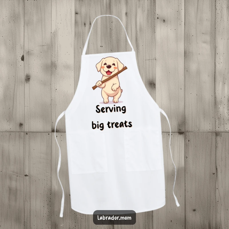 Funny Kawaii Labrador apron showing a dog excitedly carrying a stick twice its size, perfect for humorous and determined chefs.
