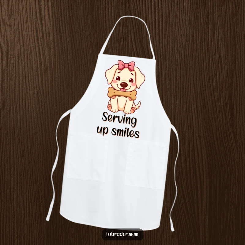 Funny Kawaii Labrador Apron, cute dog with bow offering a juicy bone, perfect for kitchen use, a humorous gift.