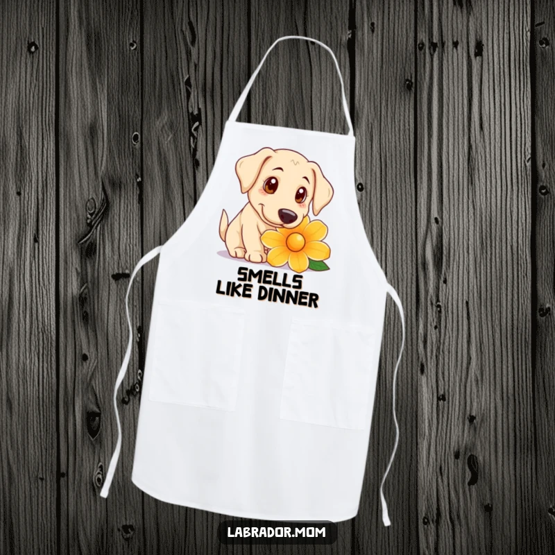 Funny Apron illustrating a playful Labrador with big, curious eyes sniffing a giant flower, perfect for a gentle and curious cook.