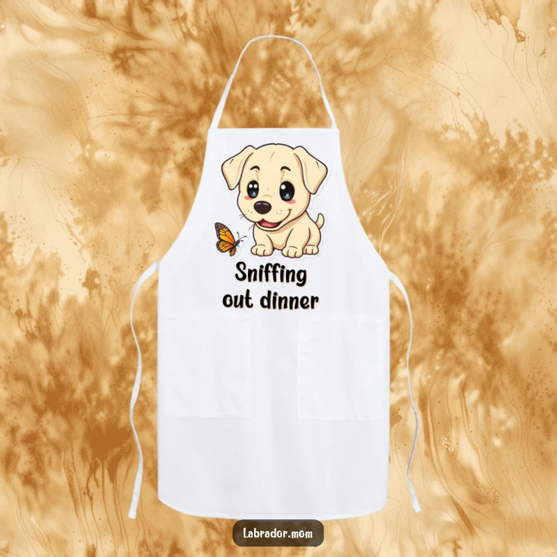 Funny Kawaii Labrador Apron, a cute lab cheerfully sniffs a butterfly, bringing a touch of nature's wonder and humor to the kitchen