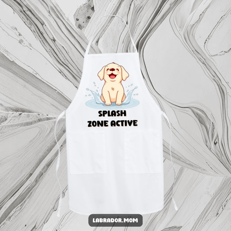 Funny Kawaii Labrador apron, a kitchen accessory with a happy dog joyfully splashing in a puddle, adding humor.
