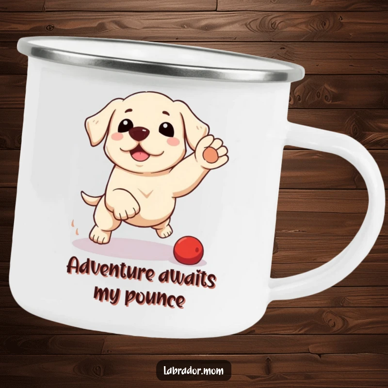 Funny kawaii Labrador camping mug with a cute dog in a playful pounce, perfect for outdoor enthusiasts who love humorous dog designs.