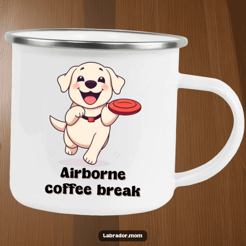 Funny Kawaii Labrador camping mug, an enamel cup with a happy dog grinning while chasing a frisbee, ideal for outdoors.