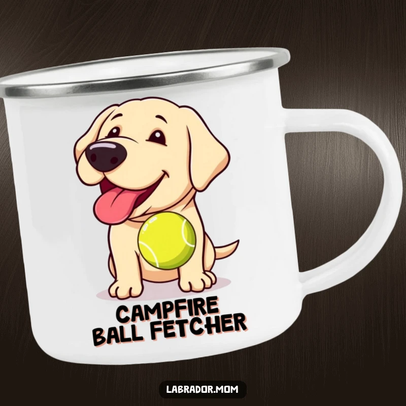 Funny Kawaii Labrador camping mug, an enamel cup with a happy panting dog holding a slobbery tennis ball, ideal for outdoors.
