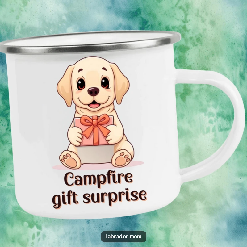Funny Labrador camping mug showing a dog presenting a perfectly wrapped gift, durable and charming, a funny gift.