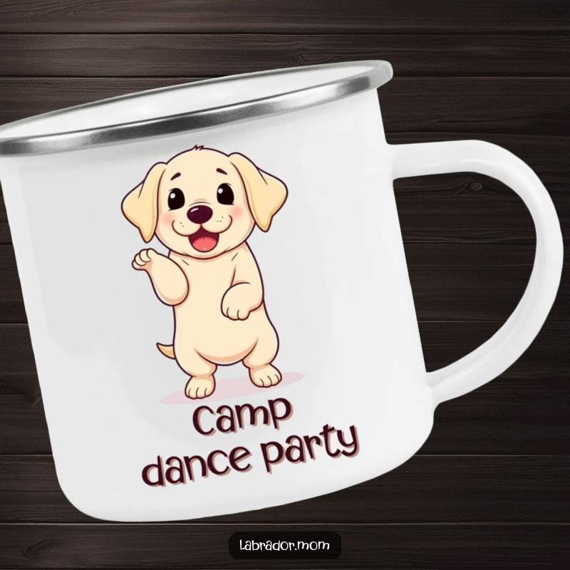 Funny kawaii Labrador with floppy ears performing a joyful happy dance, a rugged and humorous enamel camping mug.