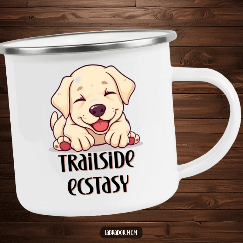 Funny kawaii Labrador puppy tumbling head over paws in pure glee, a rugged and humorous enamel camping mug for outdoor enthusiasts.