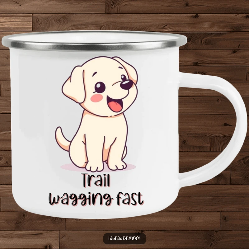 Funny kawaii Labrador wagging its tail so hard its whole body shakes with glee, a rugged and humorous enamel camping mug.