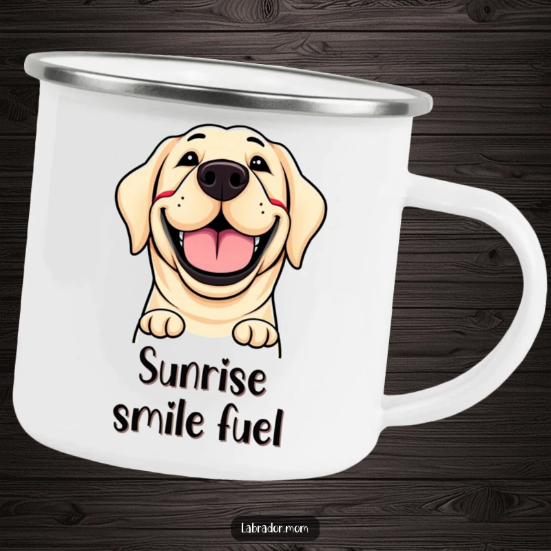 Funny camping mug featuring a labrador's massive, happy, and infectious grin, ready for outdoor adventures and smiles.