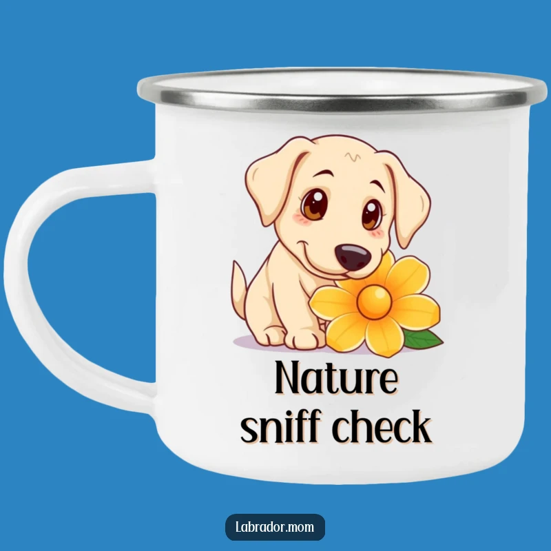 Funny Curious Lab Camping Mug: Big Eyed Dog Enamel Cup for Nature Lovers