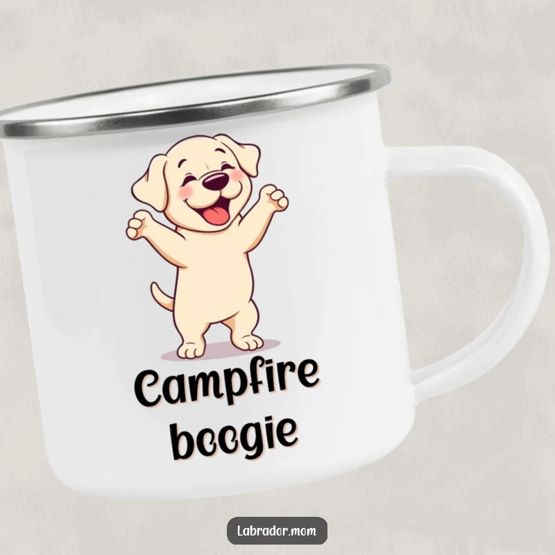 Funny cute Labrador dog camping mug, perfect for outdoor fun, featuring a dog in a silly, happy dance.