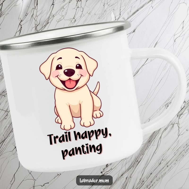 Funny smiling Labrador cub panting happily with a wagging tail on a durable camping mug, ideal for outdoor use.